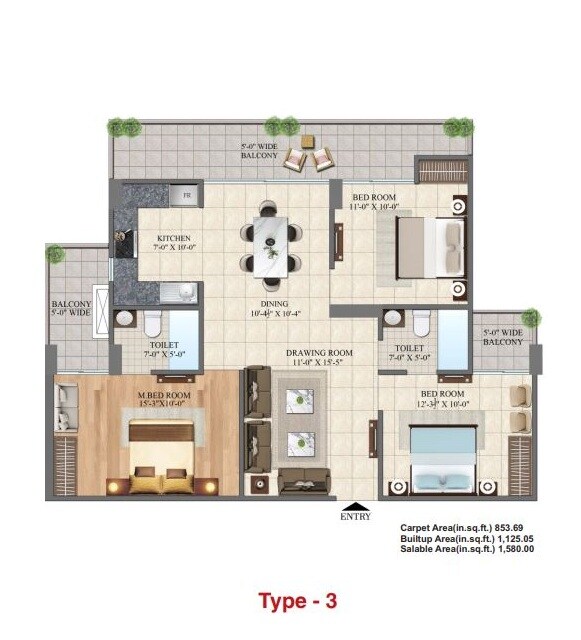 Floor plan of 3 BHK 1580 Sq. Ft. Apartment in Jai Ambey Jagdish Puram, Ghaziabad
