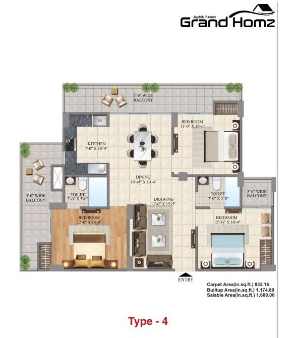 3 BHK 1600 Sq. Ft. Apartment