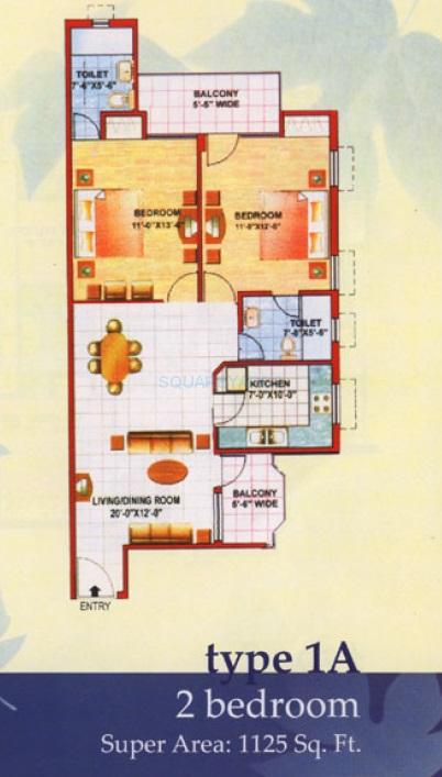 Floor plan of 2 BHK 1125 Sq. Ft. Apartment in Jaipuria Sunrise Greens, Ghaziabad