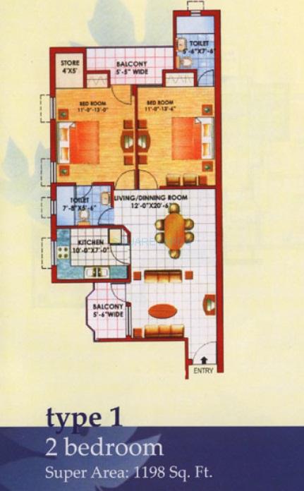Floor plan of 2 BHK 1198 Sq. Ft. Apartment in Jaipuria Sunrise Greens, Ghaziabad