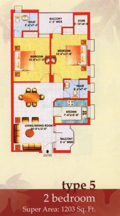 Floor plan of 2 BHK 1203 Sq. Ft. Apartment in Jaipuria Sunrise Greens, Ghaziabad