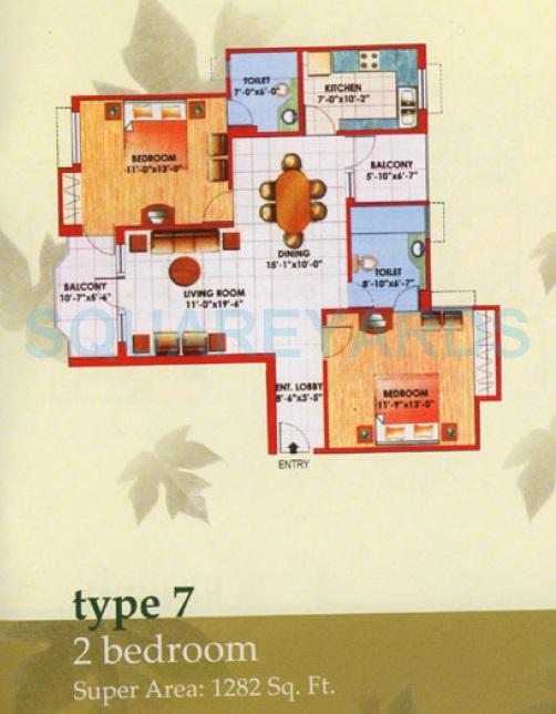 Floor plan of 2 BHK 1282 Sq. Ft. Apartment in Jaipuria Sunrise Greens, Ghaziabad
