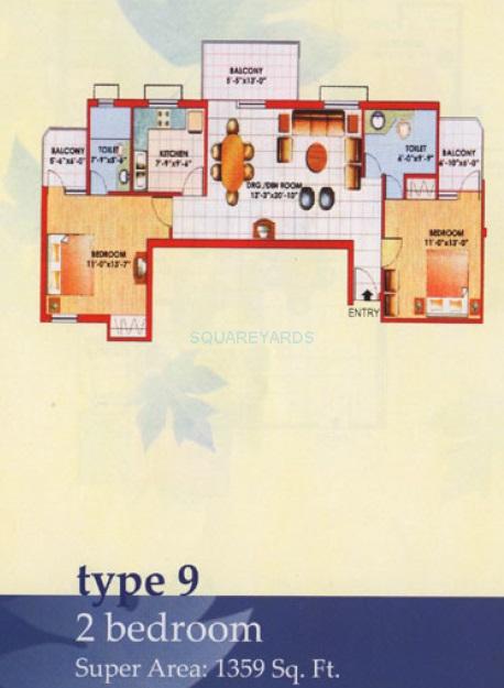 Floor plan of 2 BHK 1359 Sq. Ft. Apartment in Jaipuria Sunrise Greens, Ghaziabad