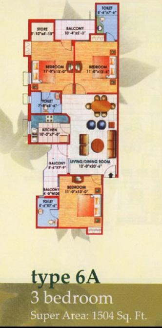 Floor plan of 3 BHK 1504 Sq. Ft. Apartment in Jaipuria Sunrise Greens, Ghaziabad