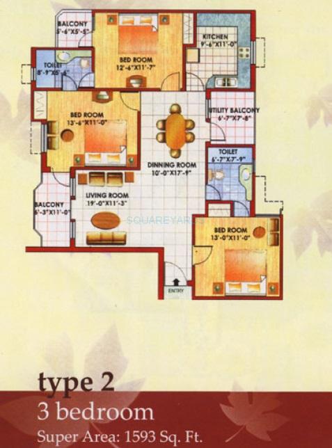 Floor plan of 3 BHK 1593 Sq. Ft. Apartment in Jaipuria Sunrise Greens, Ghaziabad