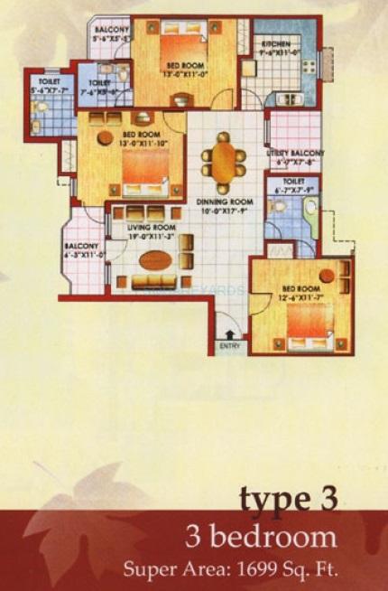 Floor plan of 3 BHK 1699 Sq. Ft. Apartment in Jaipuria Sunrise Greens, Ghaziabad