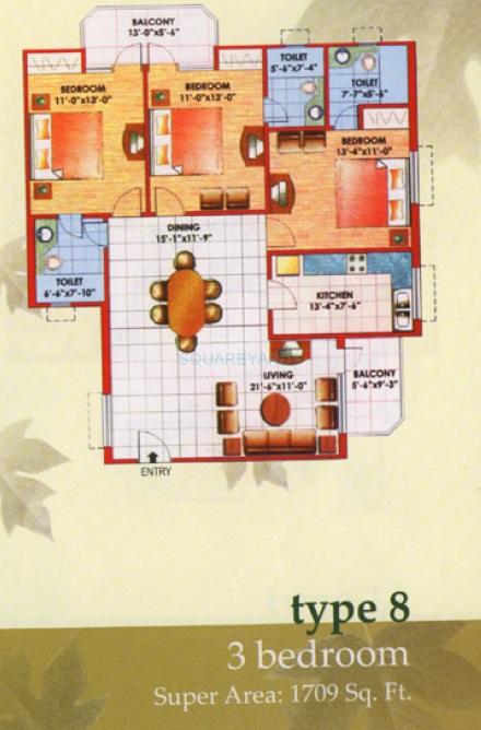 Floor plan of 3 BHK 1709 Sq. Ft. Apartment in Jaipuria Sunrise Greens, Ghaziabad