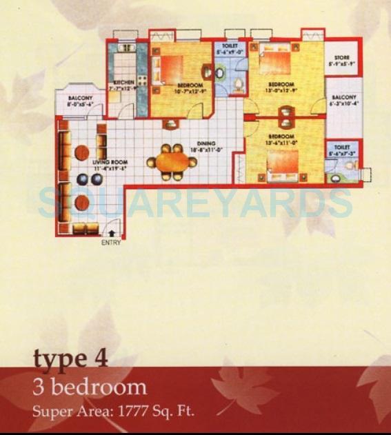 Floor plan of 3 BHK 1777 Sq. Ft. Apartment in Jaipuria Sunrise Greens, Ghaziabad