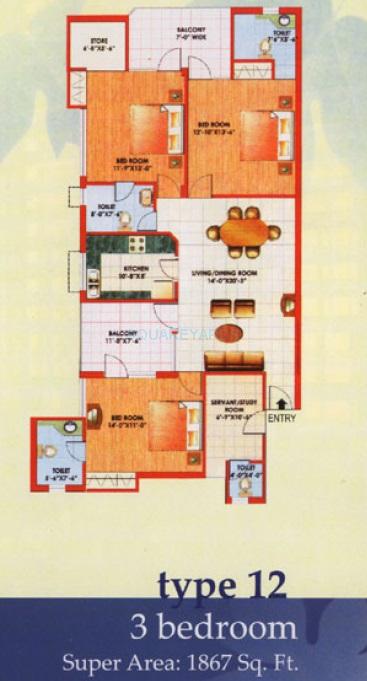 Floor plan of 3 BHK 1867 Sq. Ft. Apartment in Jaipuria Sunrise Greens, Ghaziabad
