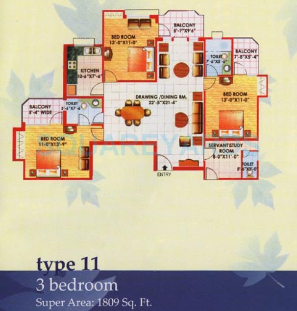 Floor plan of 3 BHK 1809 Sq. Ft. Apartment in Jaipuria Sunrise Greens, Ghaziabad
