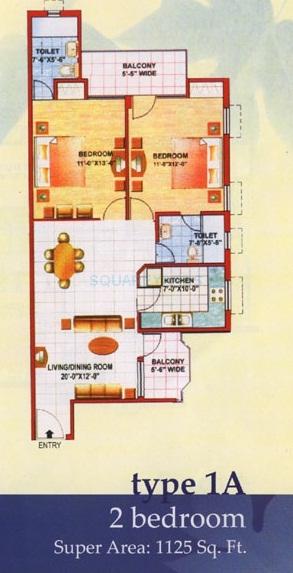Floor plan of 2 BHK 1125 Sq. Ft. Apartment in Jaipuria Sunrise Greens Apartment, Ghaziabad