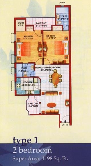 Floor plan of 2 BHK 1198 Sq. Ft. Apartment in Jaipuria Sunrise Greens Apartment, Ghaziabad