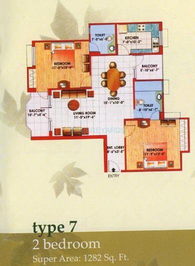 Floor plan of 2 BHK 1282 Sq. Ft. Apartment in Jaipuria Sunrise Greens Apartment, Ghaziabad
