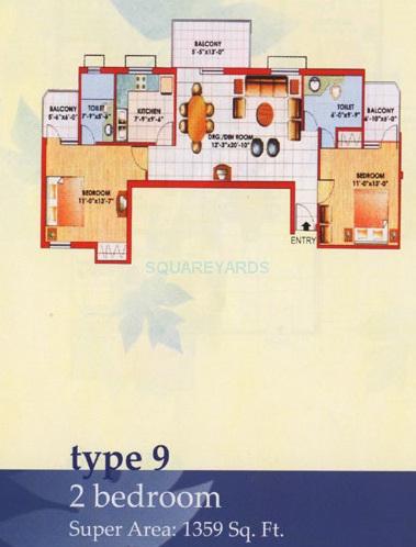Floor plan of 2 BHK 1359 Sq. Ft. Apartment in Jaipuria Sunrise Greens Apartment, Ghaziabad