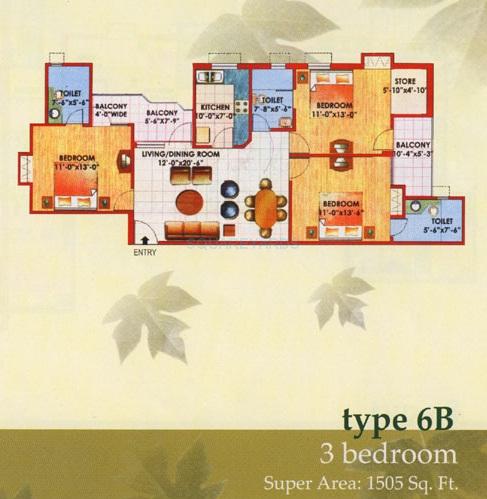 Floor plan of 3 BHK 1505 Sq. Ft. Apartment in Jaipuria Sunrise Greens Apartment, Ghaziabad