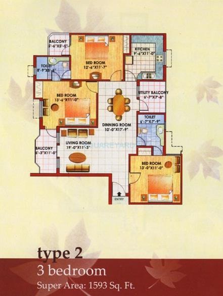 Floor plan of 3 BHK 1593 Sq. Ft. Apartment in Jaipuria Sunrise Greens Apartment, Ghaziabad