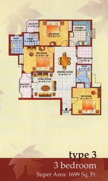 Floor plan of 3 BHK 1699 Sq. Ft. Apartment in Jaipuria Sunrise Greens Apartment, Ghaziabad