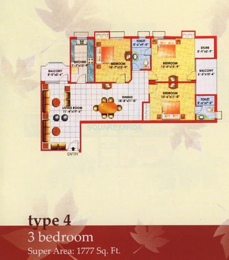 Floor plan of 3 BHK 1777 Sq. Ft. Apartment in Jaipuria Sunrise Greens Apartment, Ghaziabad