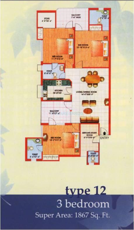 Floor plan of 3 BHK 1867 Sq. Ft. Apartment in Jaipuria Sunrise Greens Apartment, Ghaziabad