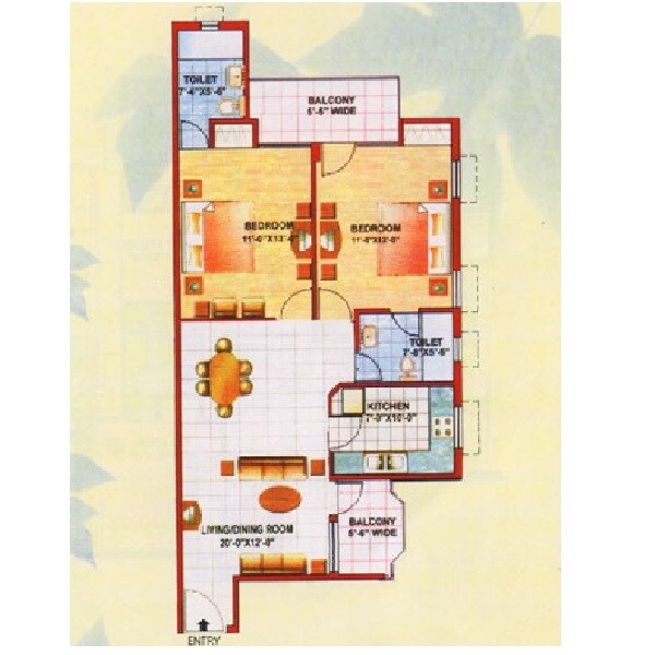 Floor plan of 2 BHK 1125 Sq. Ft. Apartment in Jaipurias Sunrise Greens, Ghaziabad