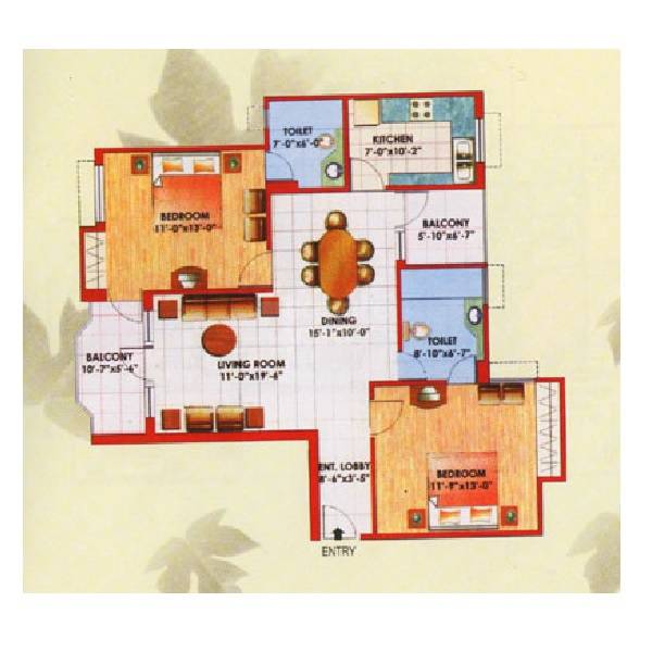 Floor plan of 2 BHK 1282 Sq. Ft. Apartment in Jaipurias Sunrise Greens, Ghaziabad