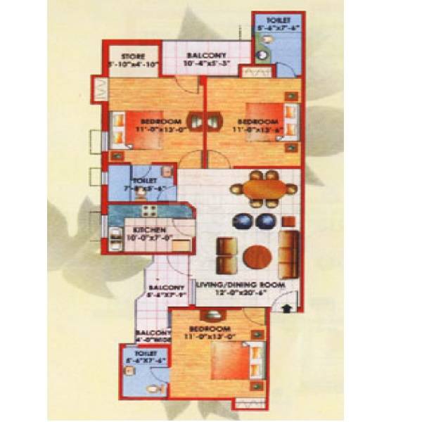 Floor plan of 3 BHK 1504 Sq. Ft. Apartment in Jaipurias Sunrise Greens, Ghaziabad