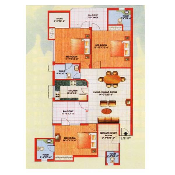Floor plan of 3 BHK 1867 Sq. Ft. Apartment in Jaipurias Sunrise Greens, Ghaziabad