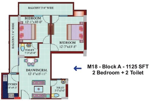 Floor plan of 2 BHK 1125 Sq. Ft. Apartment in Javin Raj Empire, Ghaziabad