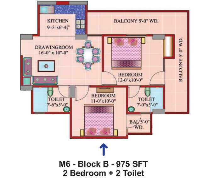Floor plan of 2 BHK 975 Sq. Ft. Apartment in Javin Raj Empire, Ghaziabad