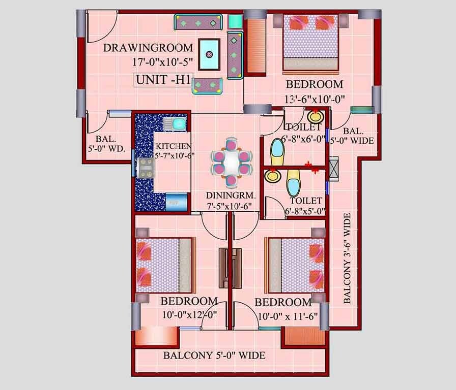 Floor plan of 3 BHK 1350 Sq. Ft. Apartment in Javin Raj Empire, Ghaziabad