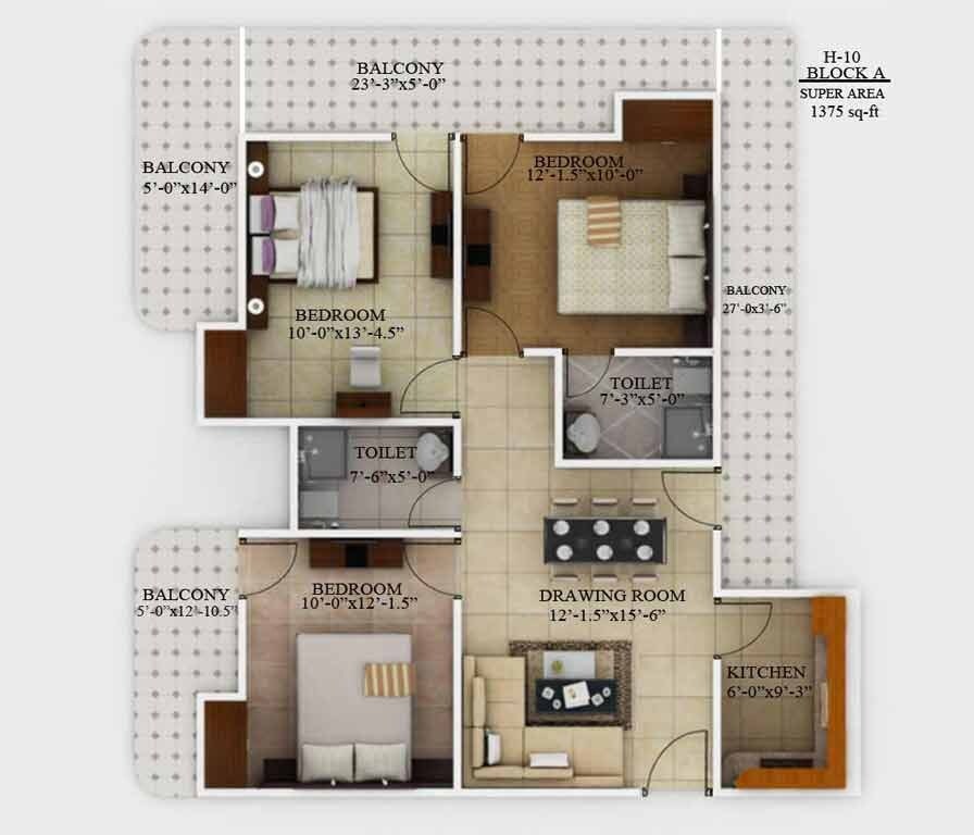 Floor plan of 3 BHK 1375 Sq. Ft. Apartment in Javin Raj Empire, Ghaziabad