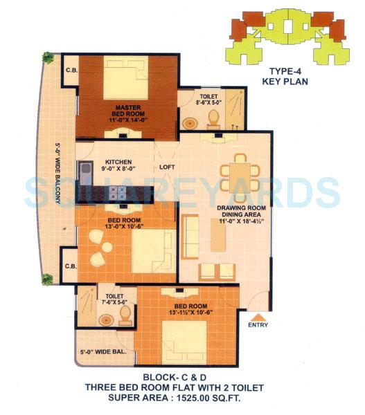 Floor plan of 3 BHK 1525 Sq. Ft. Apartment in JKG Amba G Residency, Ghaziabad