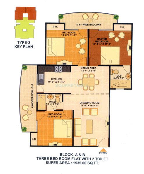 Floor plan of 3 BHK 1535 Sq. Ft. Apartment in JKG Amba G Residency, Ghaziabad