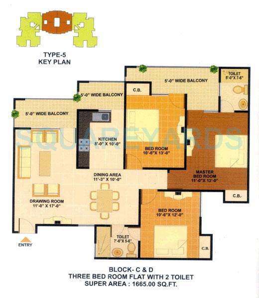 Floor plan of 3 BHK 1665 Sq. Ft. Apartment in JKG Amba G Residency, Ghaziabad