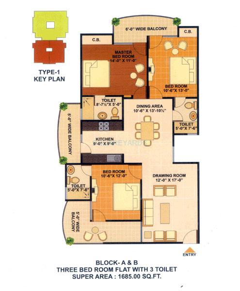 Floor plan of 3 BHK 1685 Sq. Ft. Apartment in JKG Amba G Residency, Ghaziabad