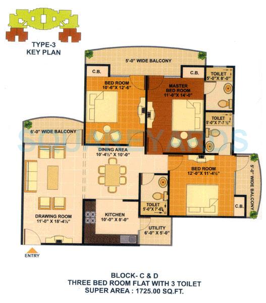 Floor plan of 3 BHK 1725 Sq. Ft. Apartment in JKG Amba G Residency, Ghaziabad