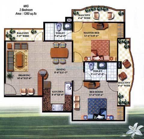 Floor plan of 2 BHK 1260 Sq. Ft. Apartment in JM Royal Legacy, Ghaziabad