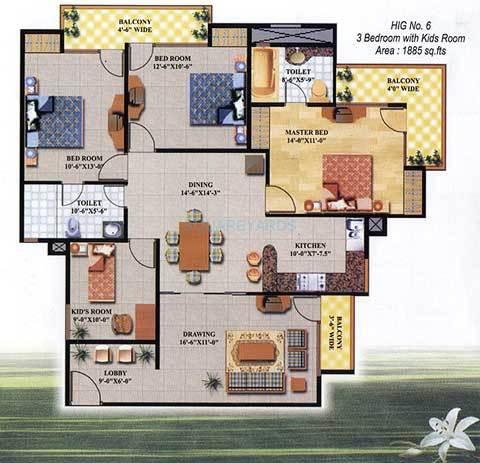Floor plan of 3 BHK 1885 Sq. Ft. Apartment in JM Royal Legacy, Ghaziabad
