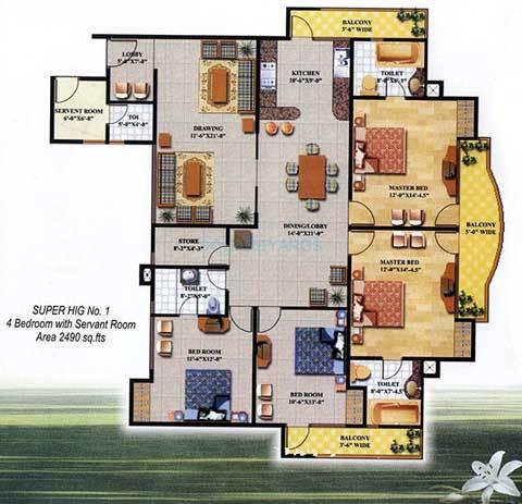 Floor plan of 4 BHK 2490 Sq. Ft. Apartment in JM Royal Legacy, Ghaziabad
