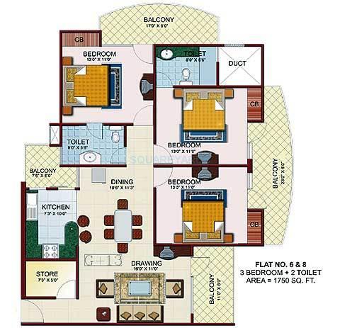 Floor plan of 3 BHK 1750 Sq. Ft. Apartment in JM Royal Park, Ghaziabad