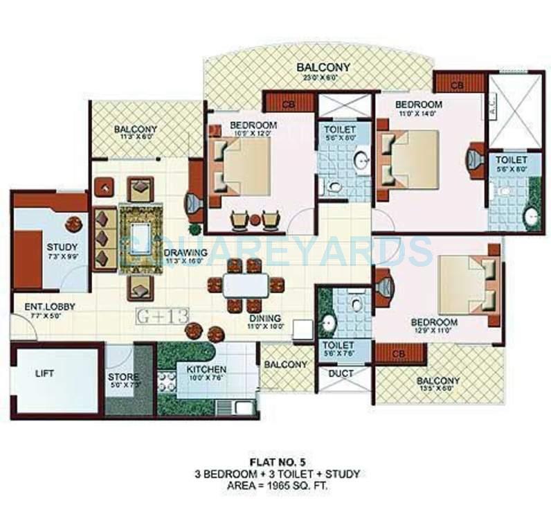Floor plan of 3 BHK 1965 Sq. Ft. Apartment in JM Royal Park, Ghaziabad