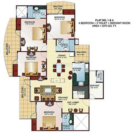 Floor plan of 4 BHK 2370 Sq. Ft. Apartment in JM Royal Park, Ghaziabad