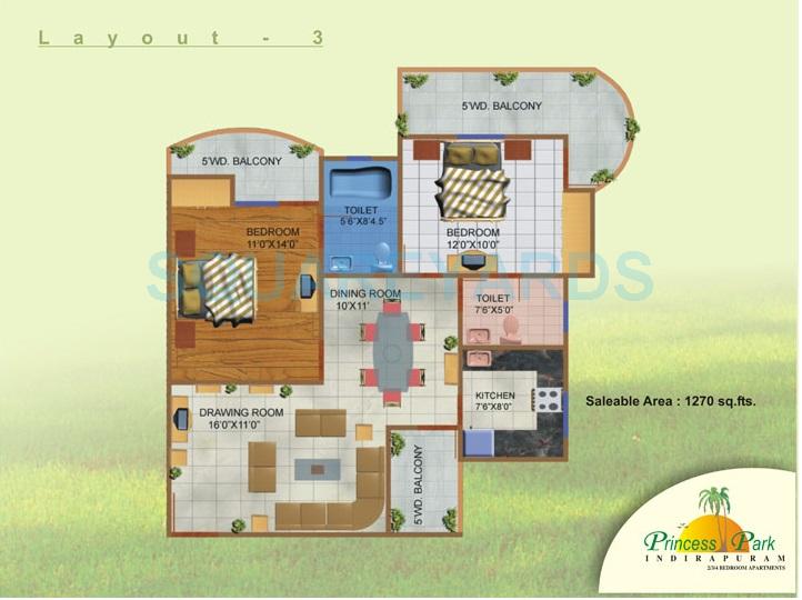 Floor plan of 2 BHK 1270 Sq. Ft. Apartment in JNC Princess Park, Ghaziabad