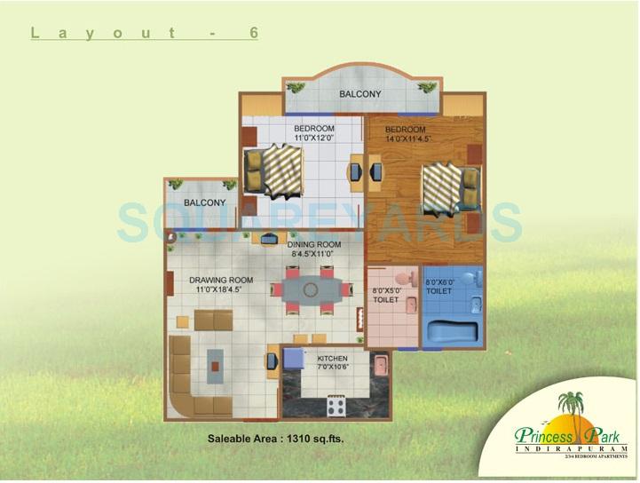 Floor plan of 2 BHK 1310 Sq. Ft. Apartment in JNC Princess Park, Ghaziabad