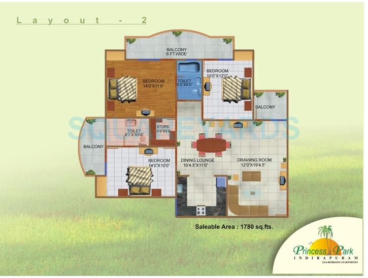 Floor plan of 3 BHK 1780 Sq. Ft. Apartment in JNC Princess Park, Ghaziabad