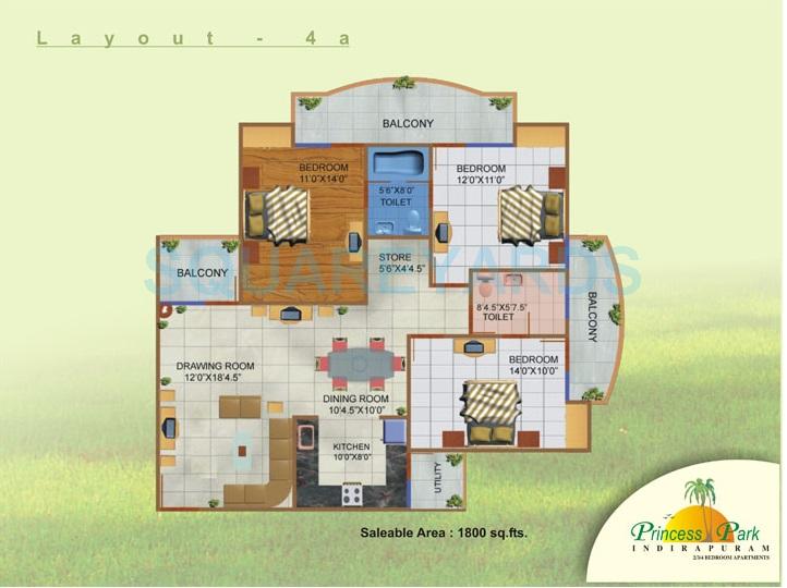 Floor plan of 3 BHK 1800 Sq. Ft. Apartment in JNC Princess Park, Ghaziabad