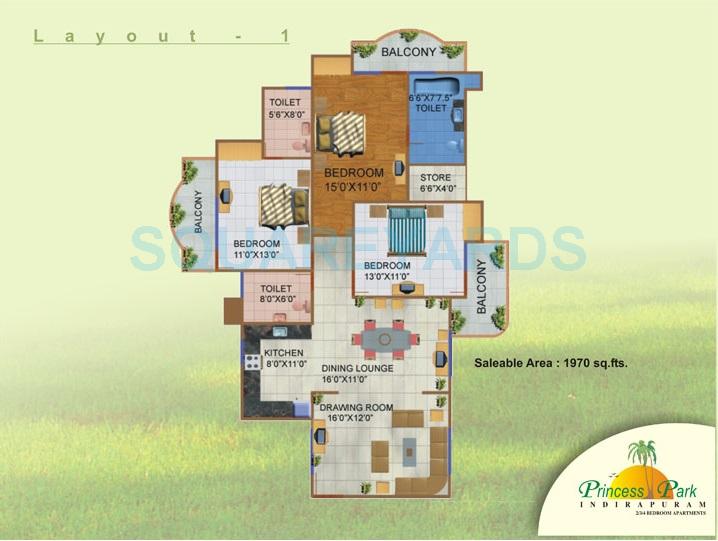 Floor plan of 3 BHK 1970 Sq. Ft. Apartment in JNC Princess Park, Ghaziabad