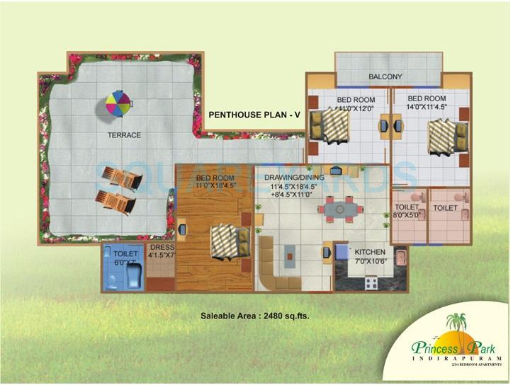 Floor plan of 3 BHK 2480 Sq. Ft. Apartment in JNC Princess Park, Ghaziabad