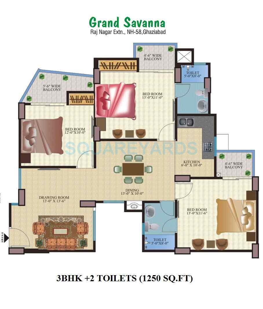 Floor plan of 3 BHK 1180 Sq. Ft. Apartment in KDP Grand Savanna, Ghaziabad
