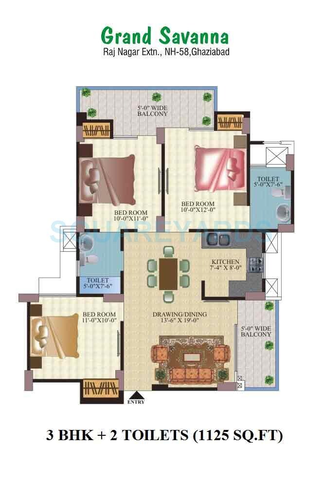 Floor plan of 3 BHK 1125 Sq. Ft. Apartment in KDP Grand Savanna, Ghaziabad